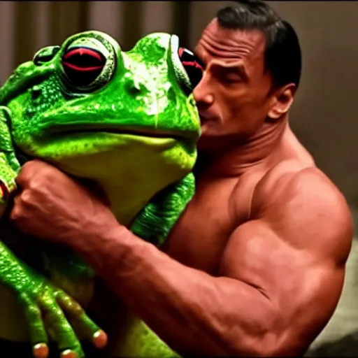 Prompt: dwayne johnson wrestling a big strong frog, pepe the frog, toad, film still by martin scorsese and quentin tarantino, award winning, 8 k
