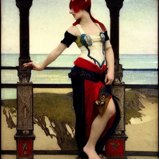 Image similar to A girl with jester clothes and a sword on the front of a Balustrade with a beach on the background, major arcana clothes, by paul delaroche, alphonse mucha and arnold böcklin arnold böcklin hyperrealistic 8k, very detailed