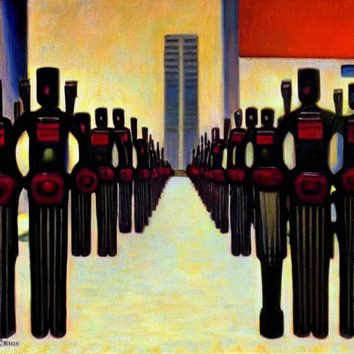 Prompt: robot guards in a grand processional, capital plaza, grant wood, pj crook, edward hopper, oil on canvas