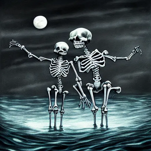Prompt: highly detailed painting Macabre Dancing skeletons eerie moonlit under water scene digital art deviantart