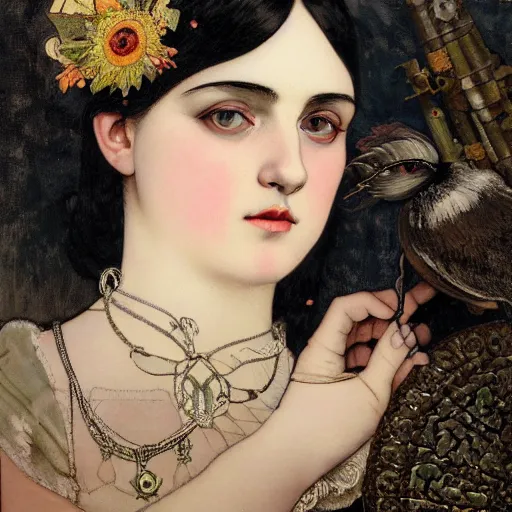 Image similar to highly detailed portrait of adolf hitler as a beautiful cute girl with feathers, endless black hair, with pale skin, fibonacci, fragile, sitted on an intricate stone throne by alphonse mucha, nicola samuri, dino valls, m. w. kaluta, rule of thirds, seductive look, 4 k resolution