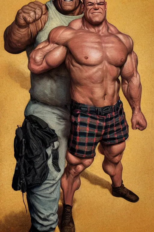 Image similar to upper body and head portrait of huge hulking absurdly muscular jocko willink as marvel character wearing plaid shirt and pants against simple background by alex ross and jack kirby and sergey kolesov and jason fabok and lawrence alma tadema and norman rockwell and greg staples, photoreal, cinematic, 4 k, high detail