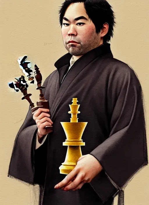 Prompt: gm hikaru nakamura dressed as a king, holding a chess piece fantasy portrait, artstation, extremely detailed artgerm greg rutkowski