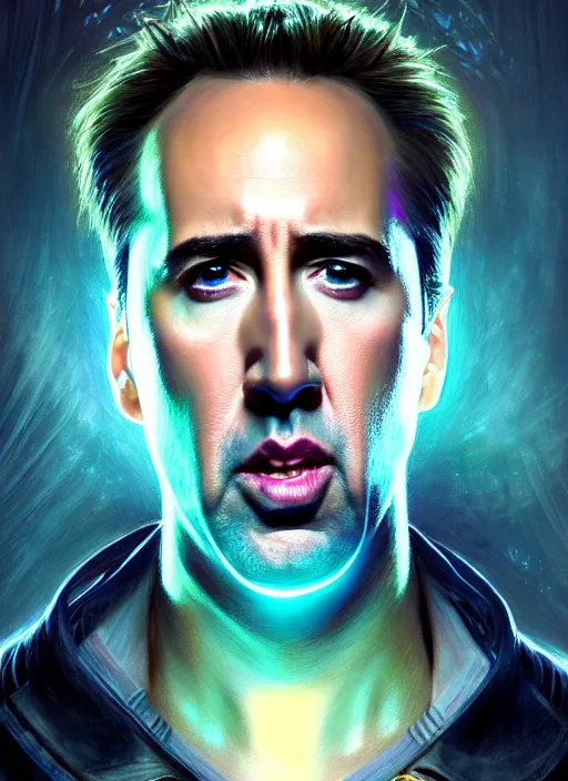 Image similar to portrait of nicholas cage losing his mind, intricate, elegant, glowing lights, highly detailed, digital painting, artstation, glamor pose, concept art, smooth, sharp focus, illustration, art by artgerm and greg rutkowski, artey freytag