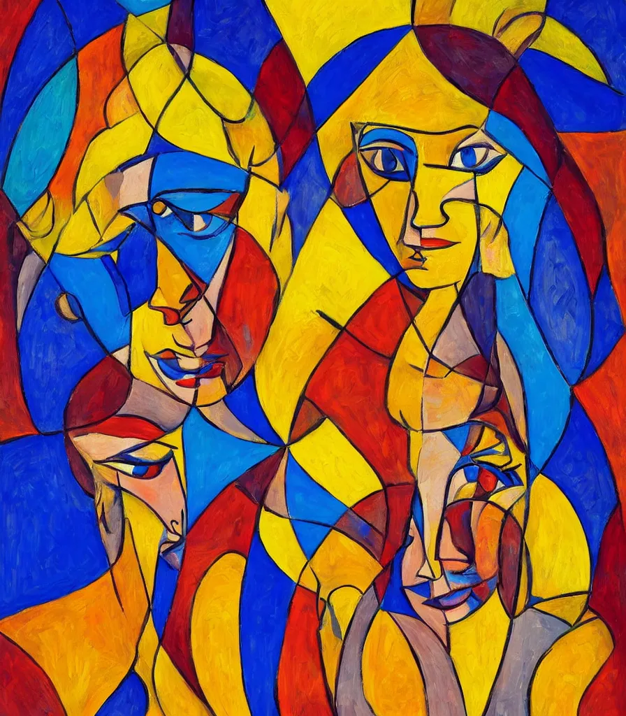 Prompt: a beautiful portrait of one very beautiful woman in the art style of cubism, vibrant colors, blue and gold colors, 4 k resolution, high detail, symmetrical face