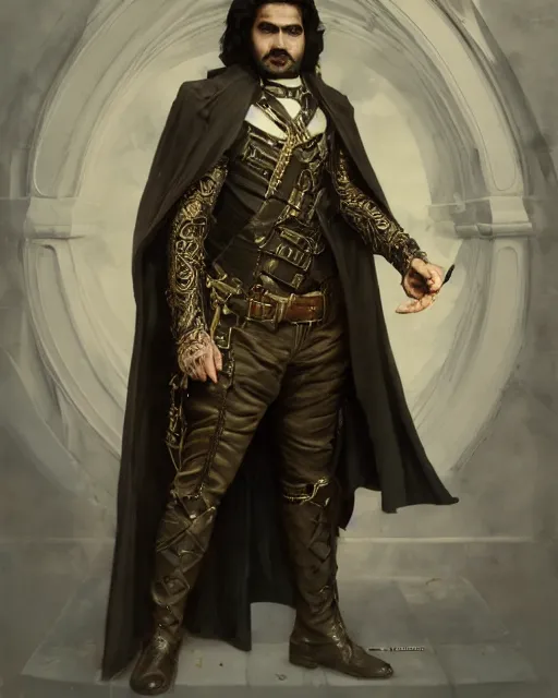 Prompt: nandor the relentless, from what we do in the shadows, kayvan novak, long black hair, half - body, 1 9 2 0 s suit, ornate cape, very detailed, intricate, cinematic, artstation, william bouguereau, daniel gerhartz, greg rutkowski, rossdraws, octane render