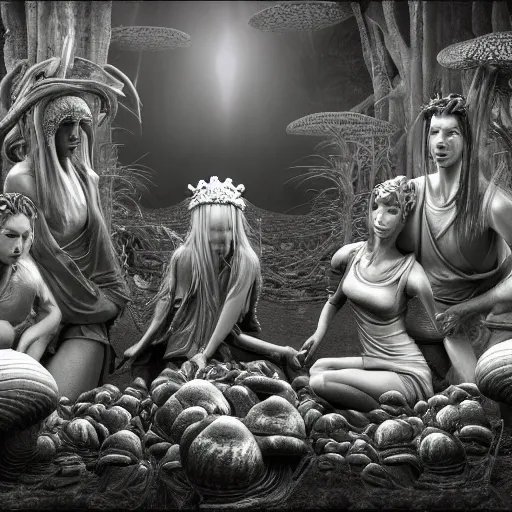 Prompt: mushroom goddess with group of elders, discussing the new season of friends, cynical realism, hiroya oku painterly, yoshitaka amano, chris cunningham, black and white, beautiful lighting, manga in the style of drummond, 3 d render, 8 k