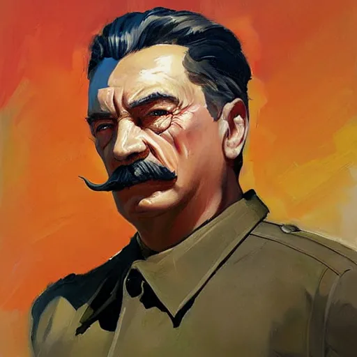 Prompt: greg manchess portrait painting of stalin as t - 8 0 0 terminator, medium shot, asymmetrical, profile picture, organic painting, sunny day, matte painting, bold shapes, hard edges, street art, trending on artstation, by huang guangjian and gil elvgren and sachin teng