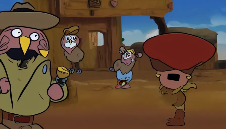 Image similar to 2000s cartoon show screenshot about a gunslinging owl from the wild west, wearing a cowboy hat an eye mask, standing in an old west town the animated show, in the style of cowboys of moo mesa