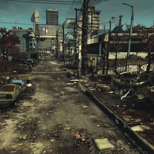 Prompt: Tokyo in ruins post-nuclear war in Fallout 4, in game screenshot