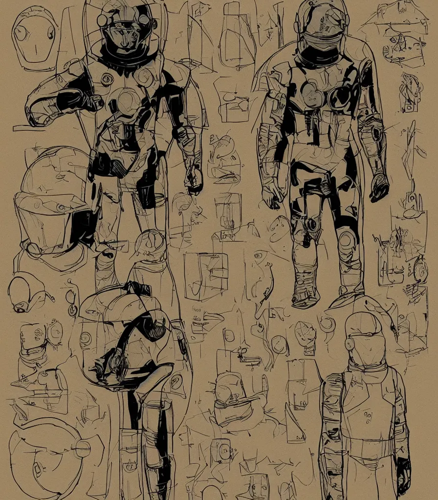 Prompt: male, heroic figure, space suit with a modern helmet, character sheet, science fiction, sketch, very stylized, digital art, illustration on kraft paper, shaded pen and ink, digital painting, by mike mignola, by alex maleev