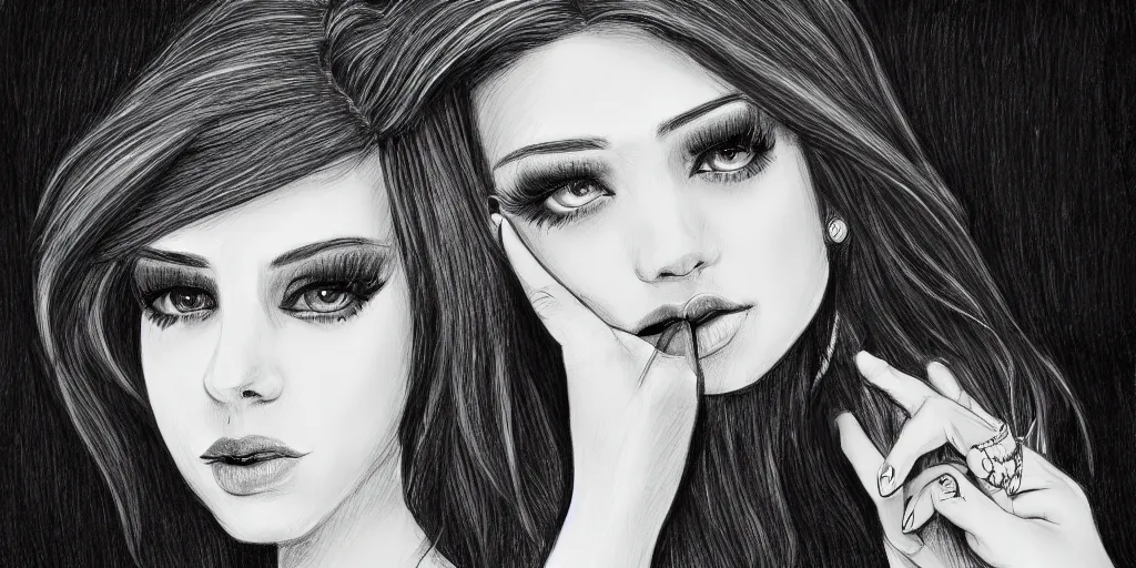 Image similar to a drawing of a girl in a club really detailed in Kyliedeamore style, no nose big lips and big eyelashes digital drawing, HD, beautiful, cinematic, 8k,facial accuracy, symmetrical