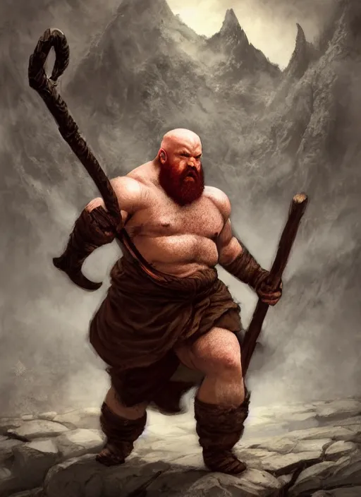 Image similar to Bald Angry Dwarven Monk with a red beard, muscular, holding a stick, Ivan Aivakovsky, Boris Vallejo, epic fantasy character art, D&D Concept Art, full length, Realistic, Regal, Refined, Detailed Digital Art, Oil Paining, Exquisite detail, post-processing, masterpiece, Cinematic Lighting, Unreal Engine, 8k, HD