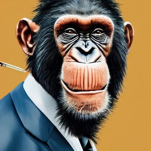 Image similar to a high detail portrait of a chimp wearing a suit 👔,and smoking🚬