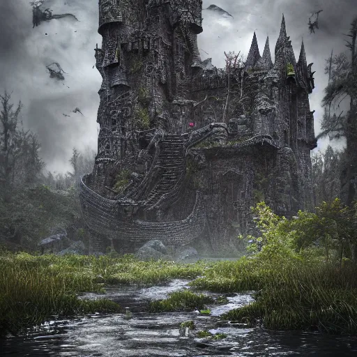 Image similar to full body pose, hyperrealistic photograph of the black castle of rotbog swamp, dim volumetric lighting, 8 k, octane beautifully detailed render, extremely hyper detailed, intricate, epic composition, cinematic lighting, masterpiece, trending on artstation, very very detailed, stunning, hdr, smooth, sharp focus, high resolution, award, winning photo, dslr, 5 0 mm