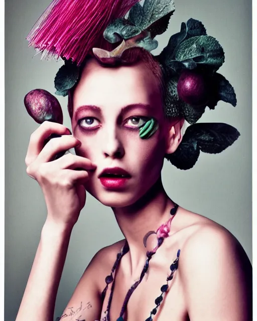 Image similar to a bountiful springtime harvest, a conceptual surrealist punk hairstyle for girls, by steven meisel, sigma 35mm f/8