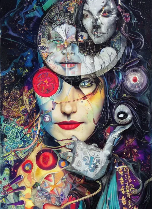 Image similar to gorgeous magic cult psychic woman smiling, third eye, subjective consciousness psychedelic, epic surrealism expressionism symbolism, story telling, iconic, dark robed, oil painting, symmetrical face, dark myth mythos, by Sandra Chevrier, Noriyoshi Ohrai masterpiece