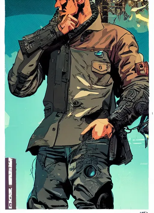 Image similar to hector. cyberpunk mercenary with scenic background. portrait illustration, pop art, art by ashley wood, alphonse mucha, laurie greasley and josan gonzalez. cinematic. beautiful lighting.