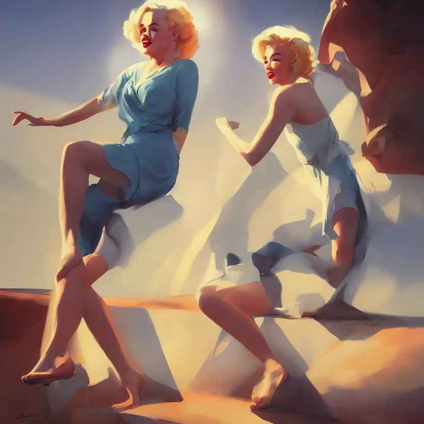 Image similar to a cinematic marilyn monroe, octane render, hyperrealistic, at sunrise, by edward hopper jesper ejsing, by rhads, makoto shinkai and lois van baarle, ilya kuvshinov, rossdraws