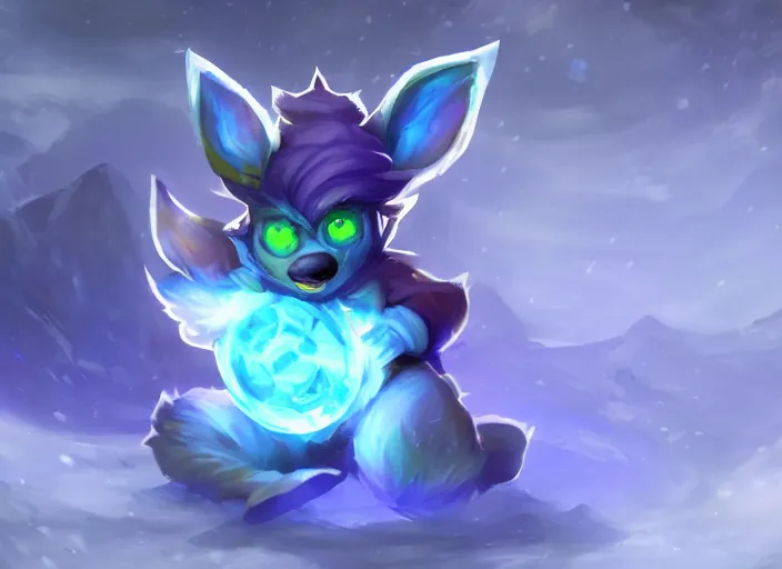 Prompt: champion splashart of yordle made out of ice, coherent centric layout