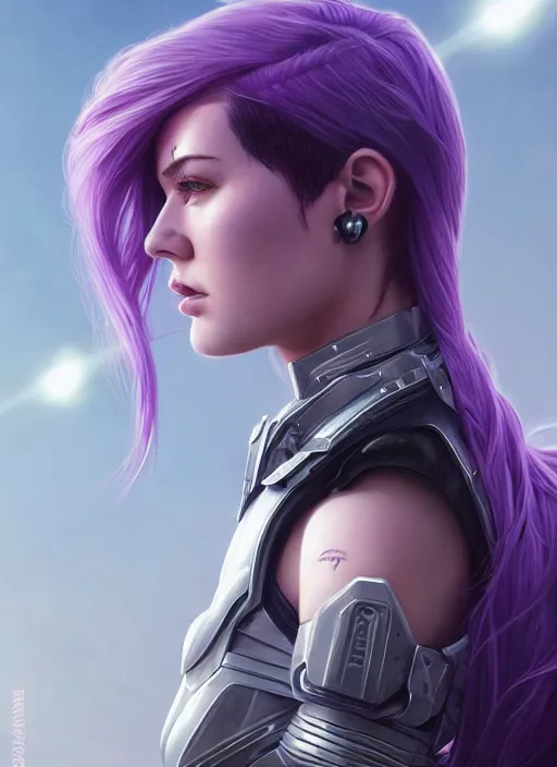 Prompt: futuristic dystopia patrick stuart portrait, purple hair, wearing intricate battle armour, art by artgerm, wlop, loish, ilya kuvshinov, 8 k hyperrealistic, hyperdetailed, beautiful lighting, detailed background, depth of field, symmetrical face, masterpiece, 2 d,