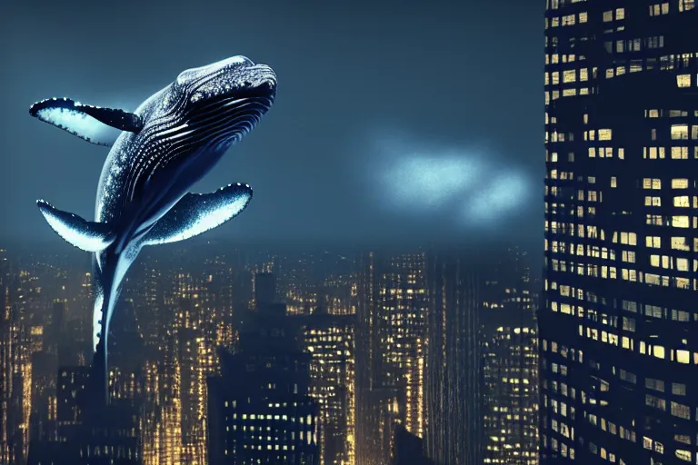 Prompt: whale flying over a building at night time, wearing fashion clothing, id magazine, hyperrealism, detailed textures, photorealistic, newyork city, ultra realistic, cinematic, intricate, cinematic light, unreal engine 5, octane render, david kostic, artgerm