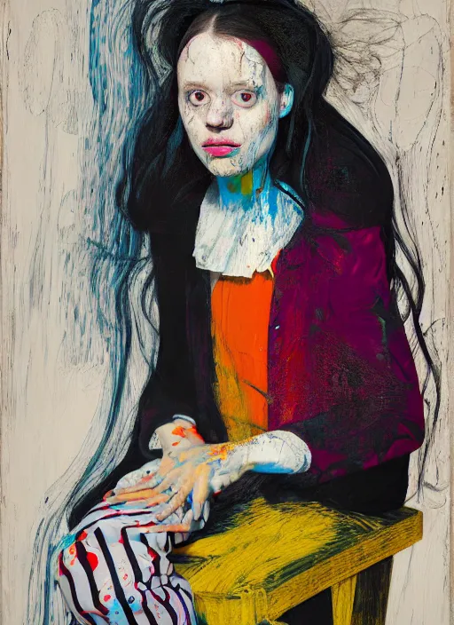 Prompt: portrait of a nervous girl harlequin sitting on a stool, by vincent lefevre and hernan bas and pat steir and hilma af klint, psychological, photorealistic, symmetrical face, dripping paint, washy brush, threads, rendered in octane, altermodern, masterpiece