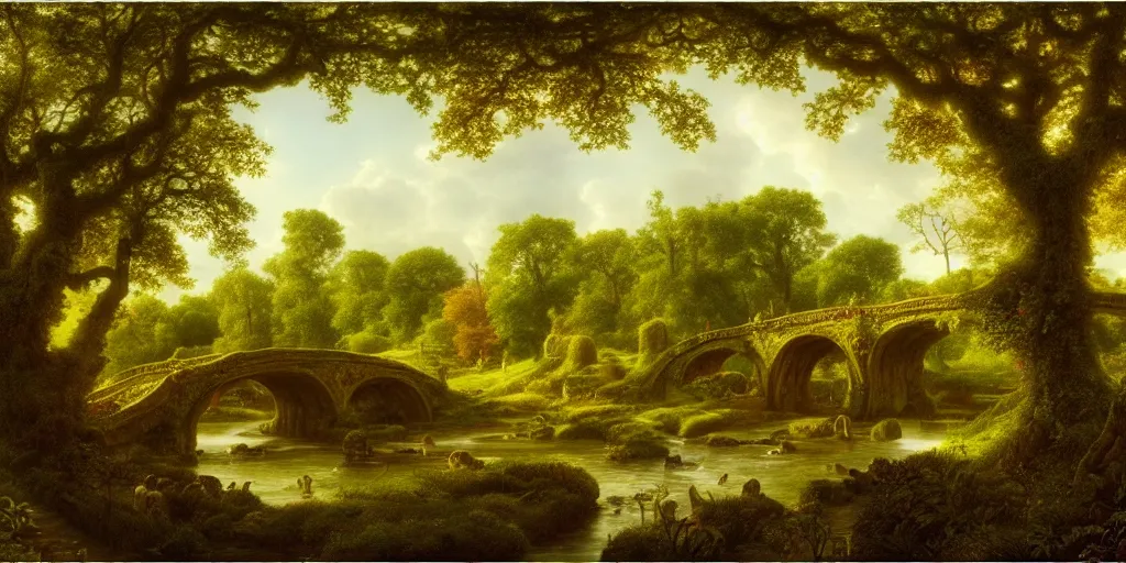 Prompt: the shire castle, houses, forest, bridge over brook, crowd, botanic foliage, big oaks, oaks, trees, grass landscape, dramatic lighting, george andries roth, pieter rudolph kleijn, abraham teerlink