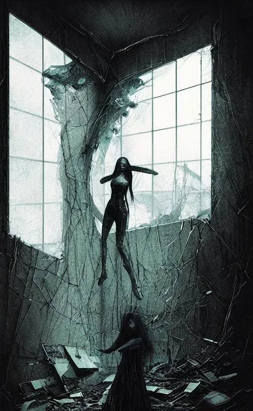 Image similar to vertical movie frame portrait of girl inside abandoned bedroom, ominous backrooms at distance seen through big broken shattered window, giger interior design, architectural design, vintage, liminal aesthetic, dreamcore, weirdcore, clean lines, wide angle, by wayne barlowe, tsutomu nihei, zdzislaw beksinski,
