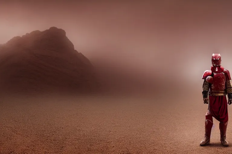 Image similar to a cinematic landscape photograph of a man dressed in red armour trekking through a desert, dust storm, thunder and lightning, lee madgwick and zack snyder, 8 k, hd, high resolution, 3 5 mm, f / 3 2, tenet