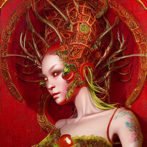 Image similar to The red alien lady, intricated traditional Chinese textures, rococo decorations, hyper detail, Unreal engine,Octane render, by Karol Bak