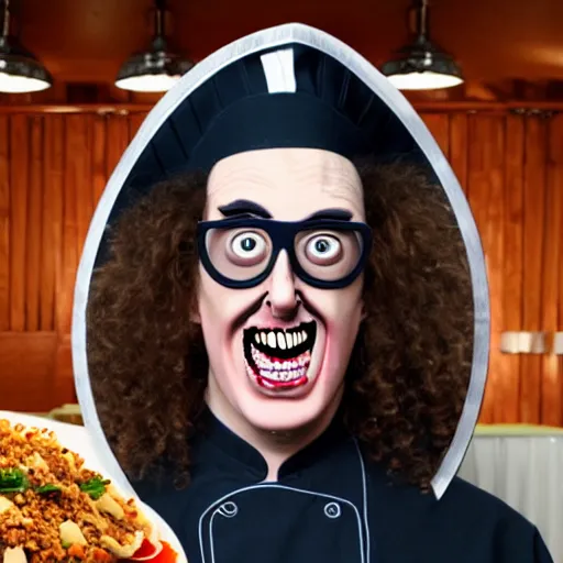 Image similar to a crazed weird al wearing a chef's hat and uniform with half of his lower body inside a bowl of alfredo, realistic, hyperrealistic, ultra realistic, real, real world, highly detailed, very detailed, extremely detailed, intricate details, 8 k resolution, hd quality