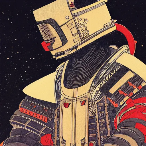 Image similar to a beautiful ukiyo painting of samurai in space futuristic helmet, wearing space techwear, detailed symmetrical close up portrait, intricate complexity, by takato yamamoto, wlop, krenz cushart, makoto shinkai, cinematic dramatic atmosphere, sharp focus