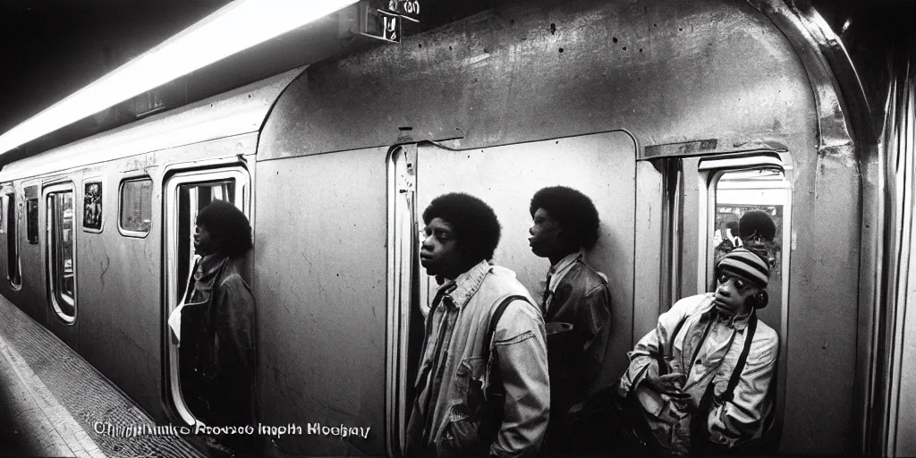 Prompt: new york subway subway 1 9 8 0 s all in graffiti, passengers, night, film photography, exposed b & w photography, christopher morris photography, bruce davidson photography