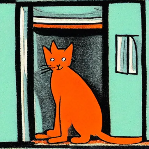 Image similar to by tove jansson, an orange cat crossing in front of a dim doorway, comic