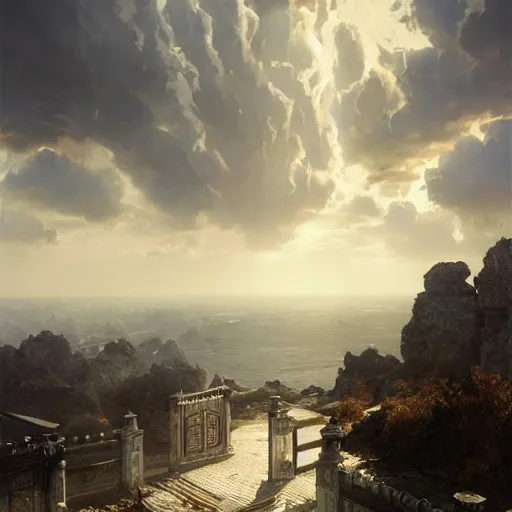 Image similar to gates of heaven, volumetric lighting, 8 k octane beautifully detailed render, post - processing, extremely hyper - detailed, intricate, epic composition, cinematic lighting, masterpiece, trending on artstation, detailed detailed detailed, masterpiece, stunning art by anders zorn, wonderful masterpiece by greg rutkowski, beautiful cinematic light,