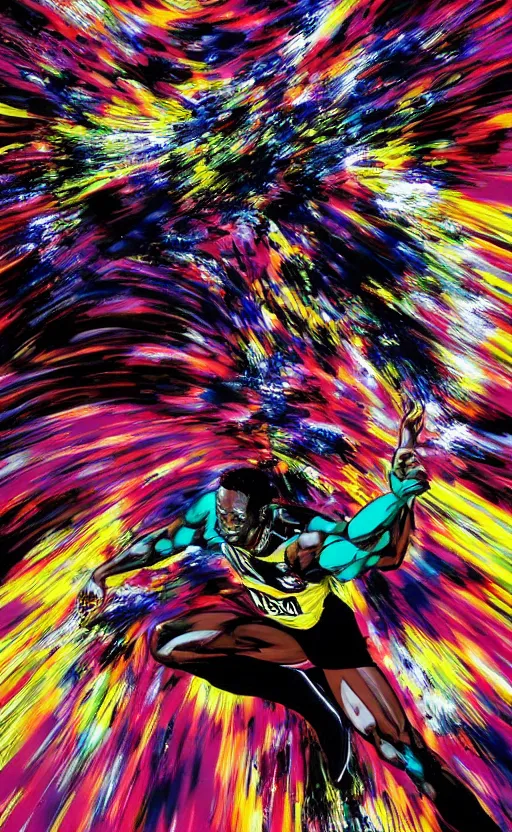 Image similar to usain bolt running in lightspeed through a colorful fart of ferrofluids trapped in time continuum by katsuhiro otomo