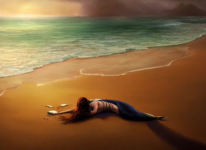 Image similar to a mermaid lying on the shore of a golden sand beach alone around volumetric lighting, digital painting, highly detailed, artstation, sharp focus, illustration, concept art, ruan jia, steve mccurry, amazing composition