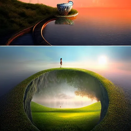 Image similar to a surreal landscape at sunset with a immense gigantic ornated iron chalice cup with a lake inside, water in excess dropping by gediminas pranckevicius