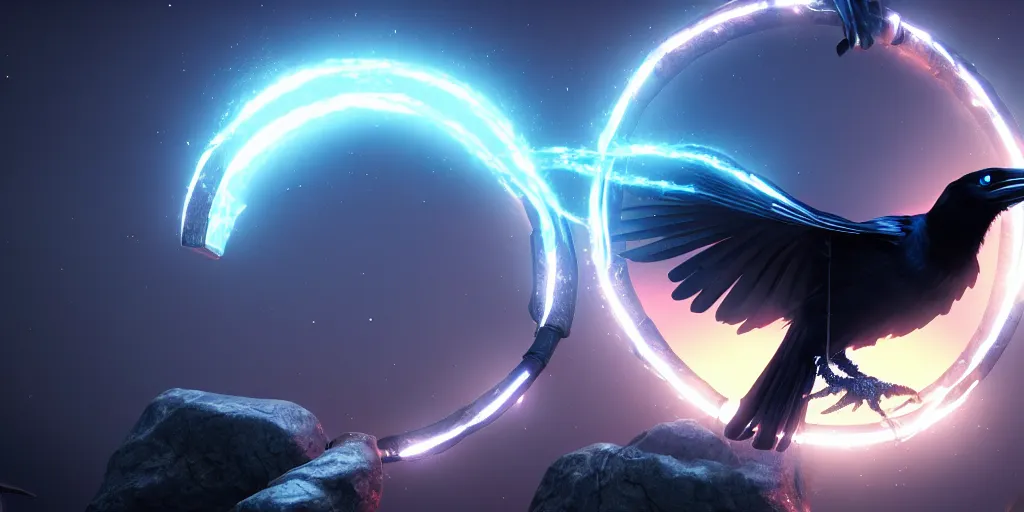 Prompt: black raven with glowing magic ring around neck stylized fantasy illustration HD, high quality, highly detailed, unreal engine, 4K quality