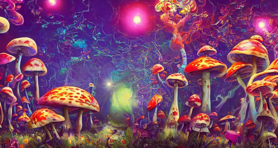 Image similar to a beautiful painting of trippy mushrooms by Tokio Aoyama, Mario Martinez, David Normal. photorealistic, trending on artstation, dramatic lighting, 8K, fantasy beautiful, surreal, cinematic.