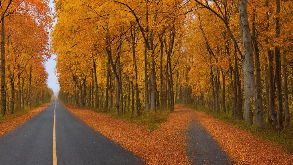 Image similar to a photograph of a country road lined on both sides by maple and poplar trees, in the autumn, red orange and yellow leaves, some leaves have fallen and are under the trees and on the road