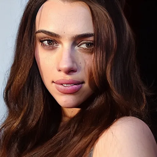 Image similar to a woman who is a genetic combination of kim kardashian and kat dennings and scarlett johansson and margot robbie and emma watson, face and upper - body focus, detailed eyes