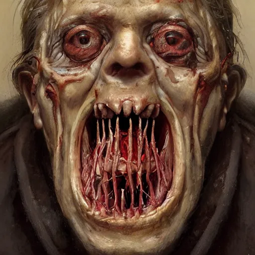 Image similar to a portrait of владимир рудольфович соловьев, flesh eating worms, macabre, horror rotten teeth, by donato giancola and greg rutkowski, wayne barlow, realistic face, visible face, digital art, artstation, symmetry