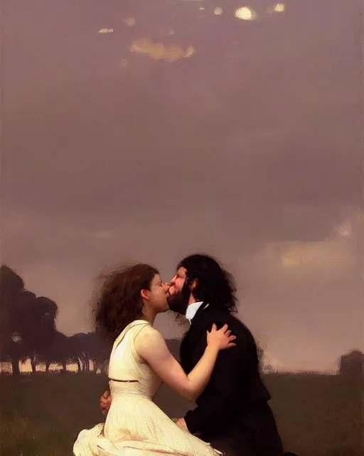 Prompt: a guy and a girl kissing, art by greg rutkowski, gustave courbet, rosa bonheur, edward hopper. faithfully depicted facial expression, perfect anatomy, sharp focus, global illumination, radiant light, detailed and intricate environment, trending on artstation