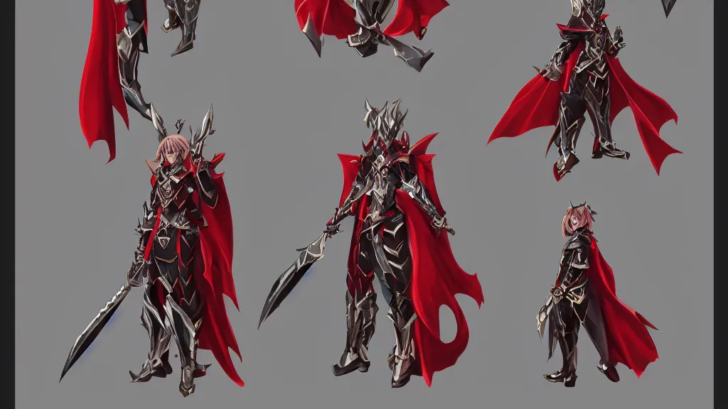 Image similar to Azure Makai Knight from Golden Knight Garo character design sheet, intricate trident weapon, red cape, trending on artstation