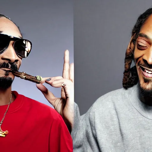 Image similar to Snoop Dog with big eyes eye color red , smiling and holding a joint in his hand