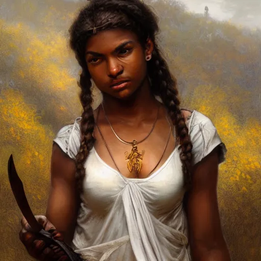 Image similar to artstation concept of a beautiful girl holding a sword in both hands, brown skin, sweaty skin, symmetrical face, casual white garment, brown canyon background, shiny colorful, hyperdetailed, artstation trending, world renowned artists, worth1000.com, historic artworks society, antique renewel, cgsociety, by greg rutkowski, by Gustave Dore, Deviantart