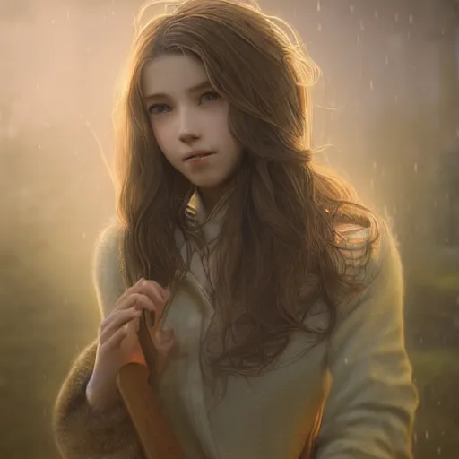 Image similar to beautiful aerith gainsborough, face centered portrait, confident, fog, rain, volumetric lighting, beautiful, golden hour, sharp focus, ultra detailed, cgsociety by leesha hannigan, ross tran, thierry doizon, kai carpenter, ignacio fernandez rios