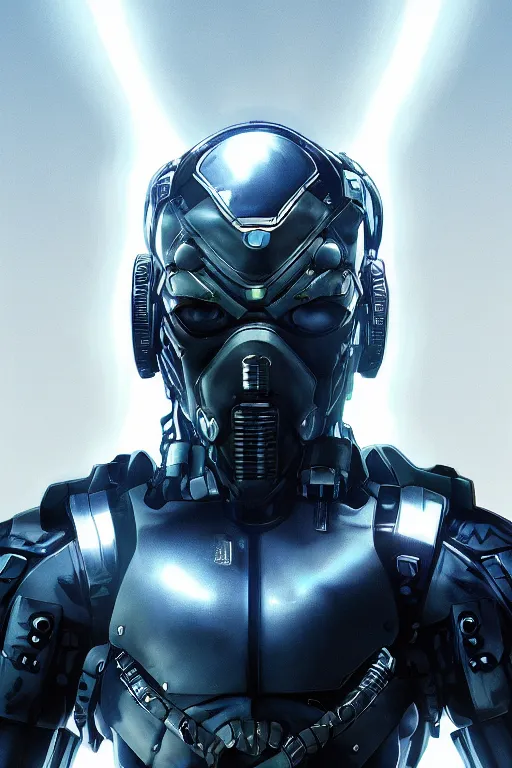 Image similar to cyber cyborg ninja mask helmet metal gear solid artic suit swat commando, global illumination ray tracing hdr fanart arstation by sung choi and eric pfeiffer and gabriel garza and casper konefal, a spectacular view cinematic rays of sunlight comic book illustration, by john kirby